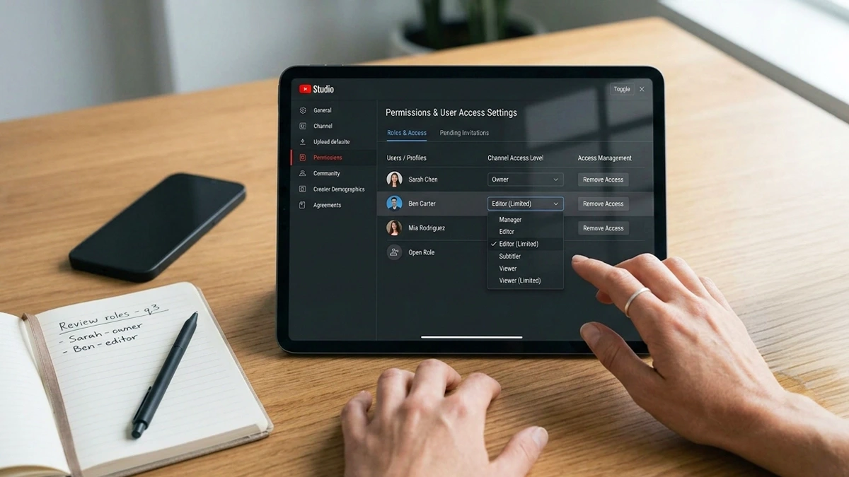 YouTube Studio permissions and user access settings