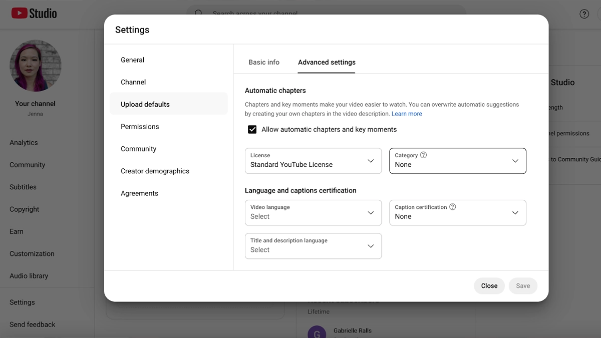 YouTube Studio upload defaults settings