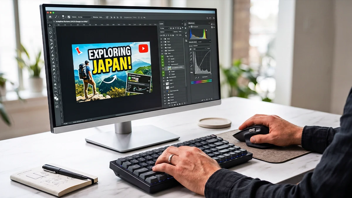 Custom YouTube thumbnail being designed on a desktop monitor
