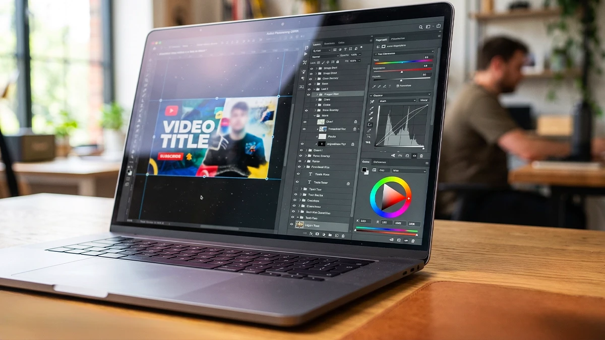Designer creating a YouTube thumbnail on a laptop