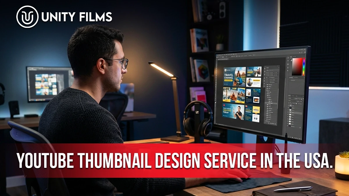 YouTube Thumbnail Design Service in the USA showing a professional thumbnail designer at work