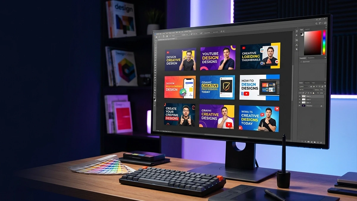 YouTube thumbnail design team reviewing channel performance and analytics