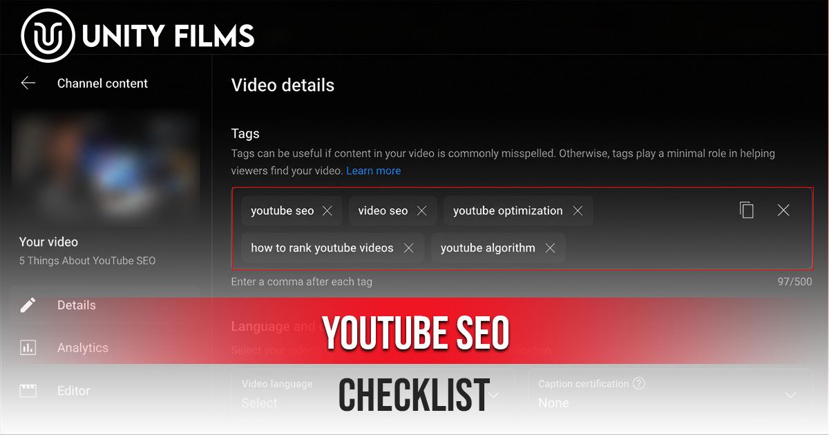 YouTube SEO Checklist showing video tags, metadata optimization, and ranking settings inside YouTube Studio.