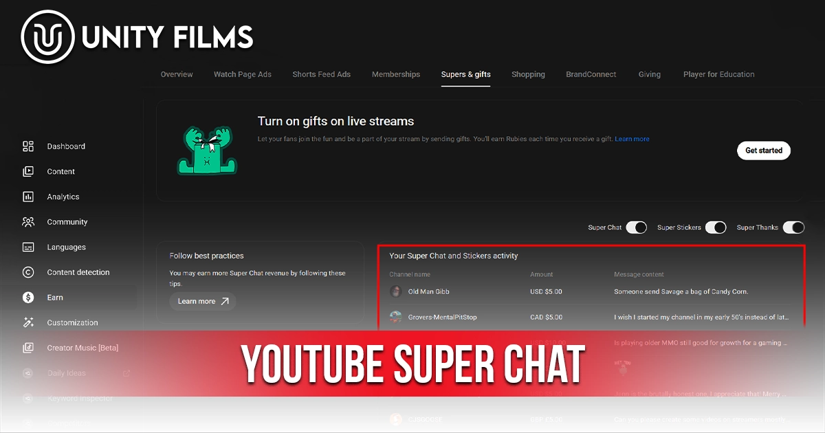 YouTube Super Chat dashboard showing live stream donations and creator earnings in YouTube Studio