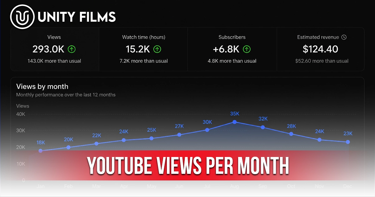 YouTube Views Per Month analytics dashboard showing monthly views, watch time, subscribers, estimated revenue, and 12-month performance graph.