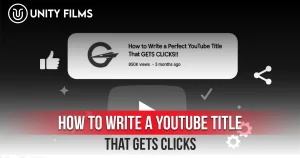 How to Write a YouTube Title That Gets Clicks illustrated with a YouTube video title example, like and share icons, and a play button.