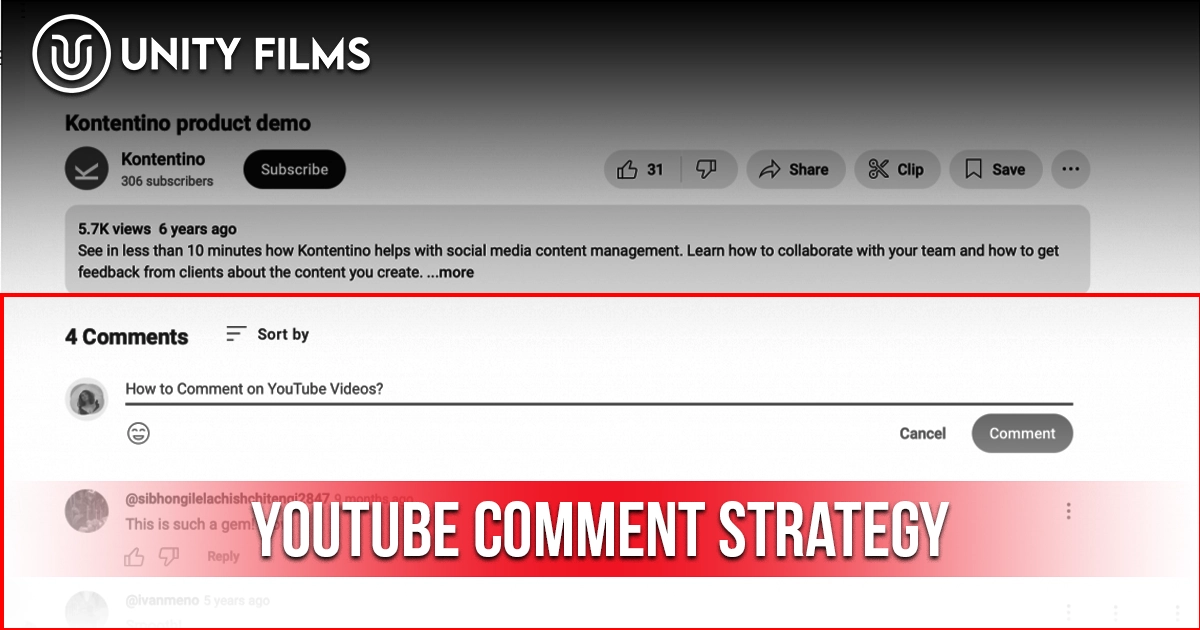 YouTube Comment Strategy showing the comments section on a YouTube video with techniques to increase engagement, visibility, and audience interaction.