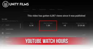 YouTube Watch Hours shown in YouTube Studio analytics dashboard with 6.1K views, 1K watch hours, subscribers, and estimated revenue.