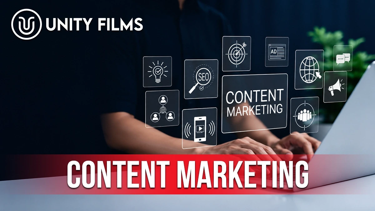 Content marketing for small business in Pakistan shown as SEO, video and audience icons above a laptop