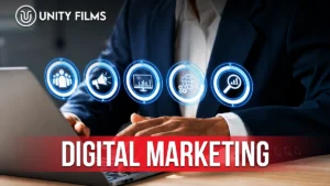 Digital marketing in Pakistan shown as audience, advertising, analytics, web and search icons above a laptop