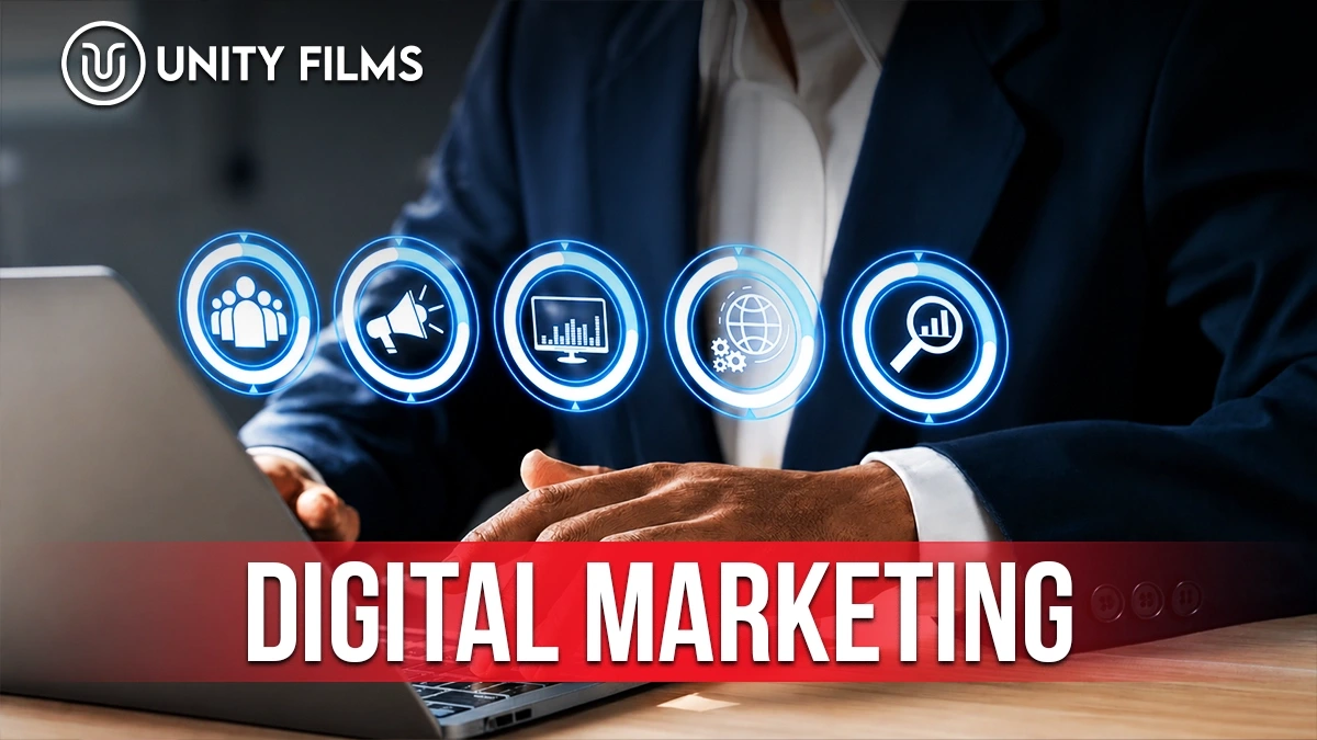 Digital marketing in Pakistan shown as audience, advertising, analytics, web and search icons above a laptop