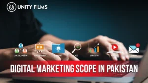 Digital marketing scope in Pakistan shown as social media, advertising, content, SEO and strategy icons above a laptop