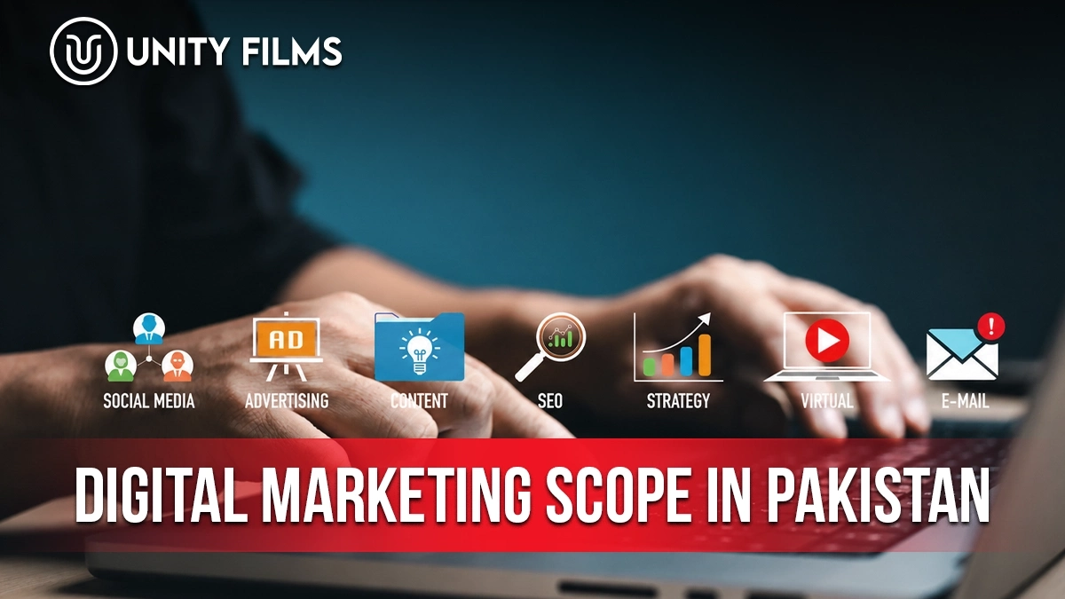 Digital marketing scope in Pakistan shown as social media, advertising, content, SEO and strategy icons above a laptop