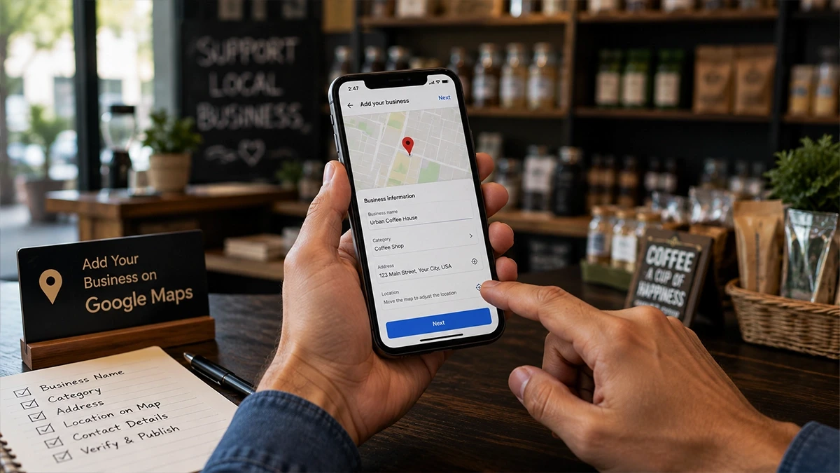 Person entering business name, category and address on a phone while standing inside their shop