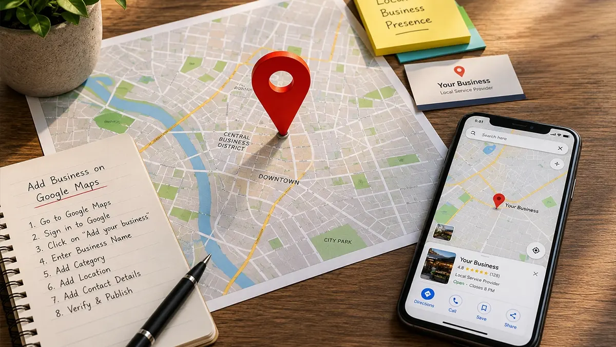 Notepad listing the eight setup steps beside a printed map with a location pin and a phone showing a business listing