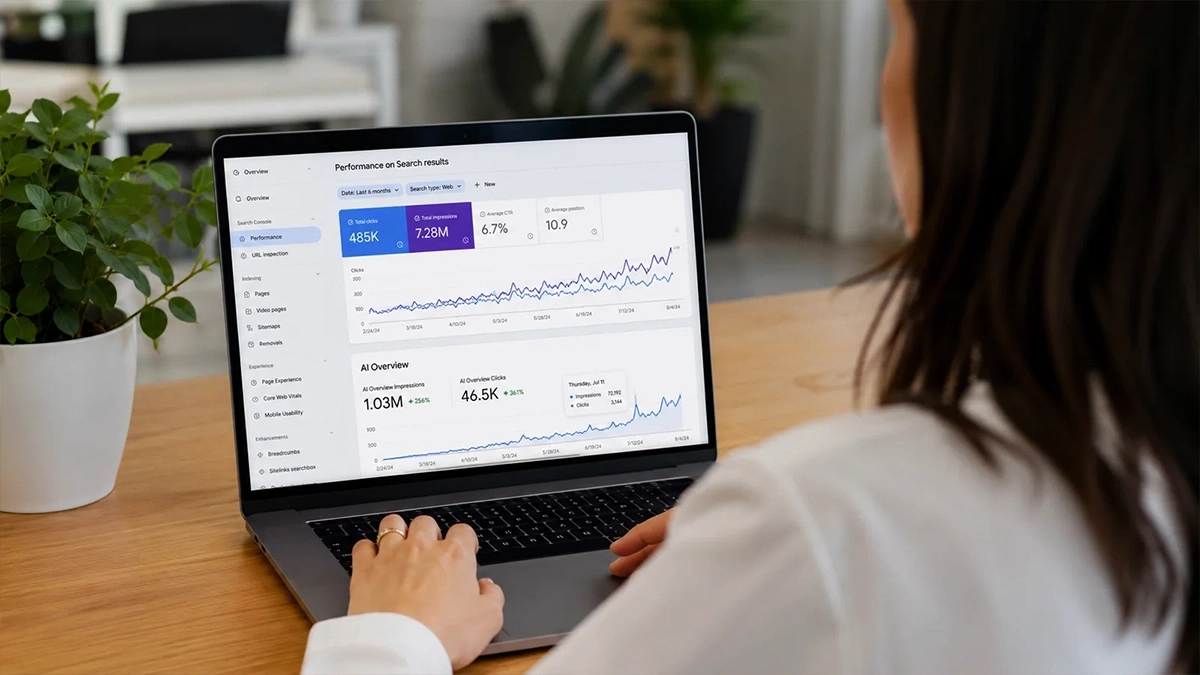 Search Console performance report open on a laptop showing clicks, impressions and average position