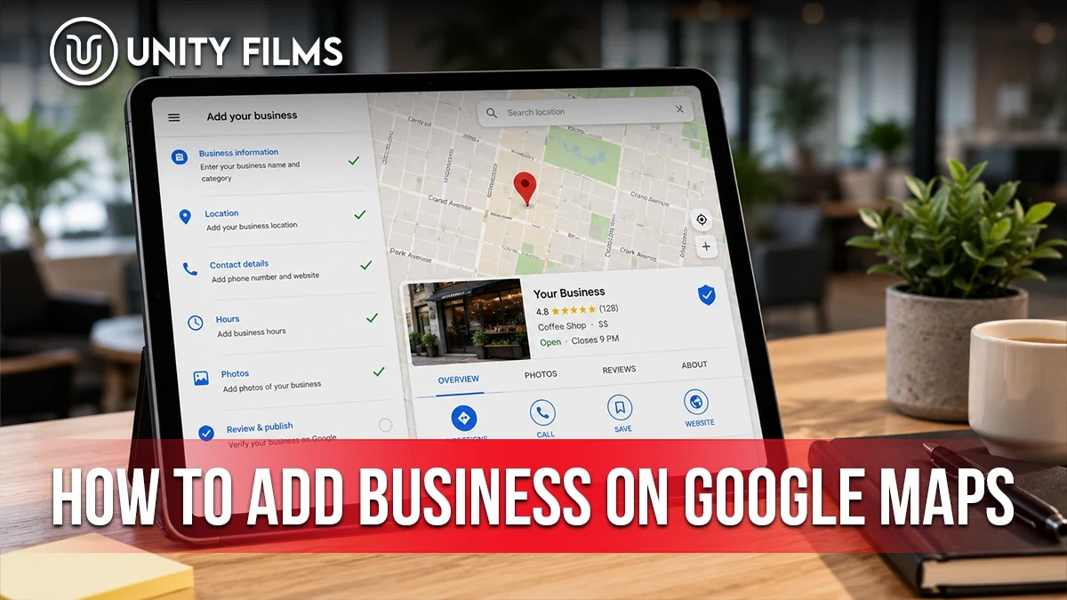 How to add business on Google Maps shown as a setup checklist with a live business listing preview