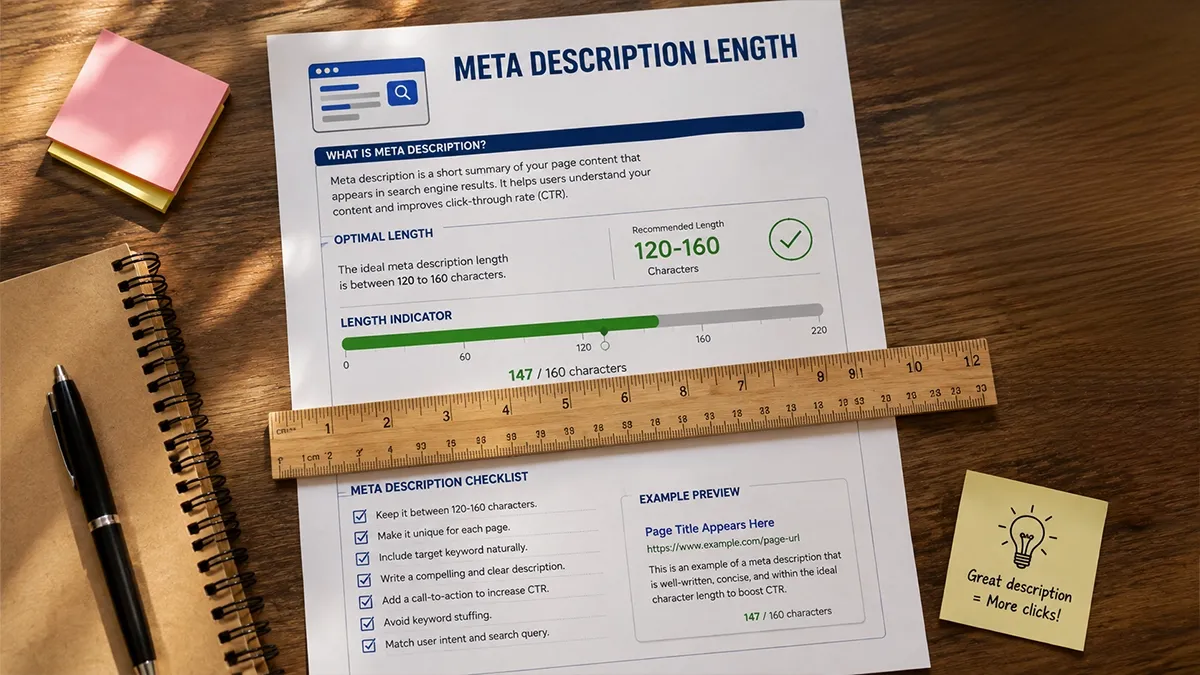 Printed guide with a ruler showing the recommended character range and a snippet writing checklist