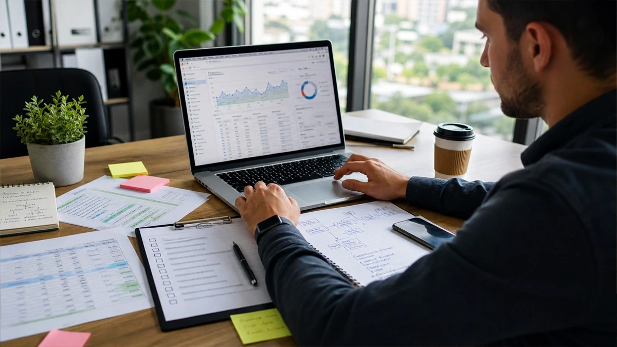 Person reviewing a traffic dashboard alongside a hand-drawn funnel diagram and channel notes
