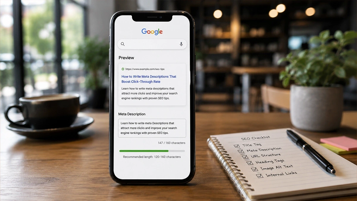Phone showing a search result preview beside a notepad checklist of on-page items