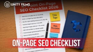 On-page SEO checklist printed on paper with title tags, meta description and schema notes beside it
