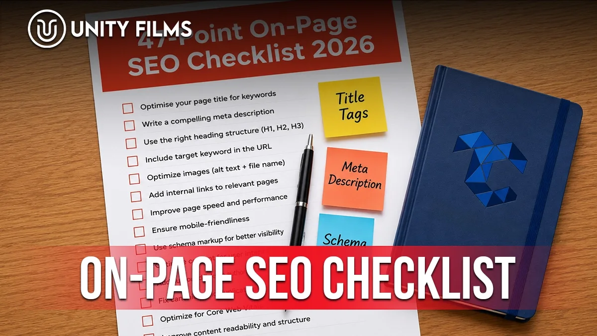 On-page SEO checklist printed on paper with title tags, meta description and schema notes beside it