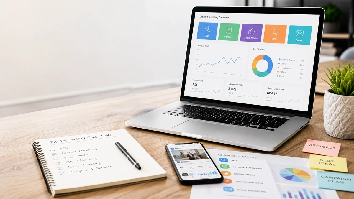 Desk with a laptop dashboard and a written plan listing SEO, content, social media, PPC and email