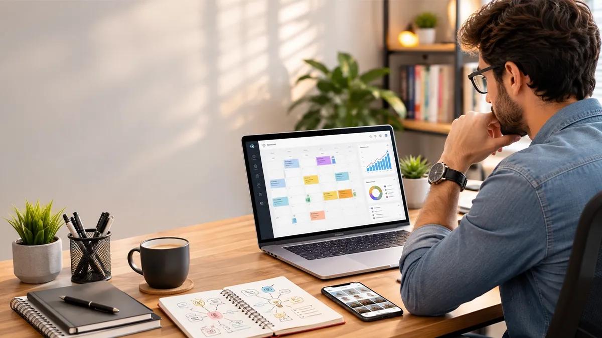 Man reviewing a content calendar and performance charts on a laptop at a home office desk