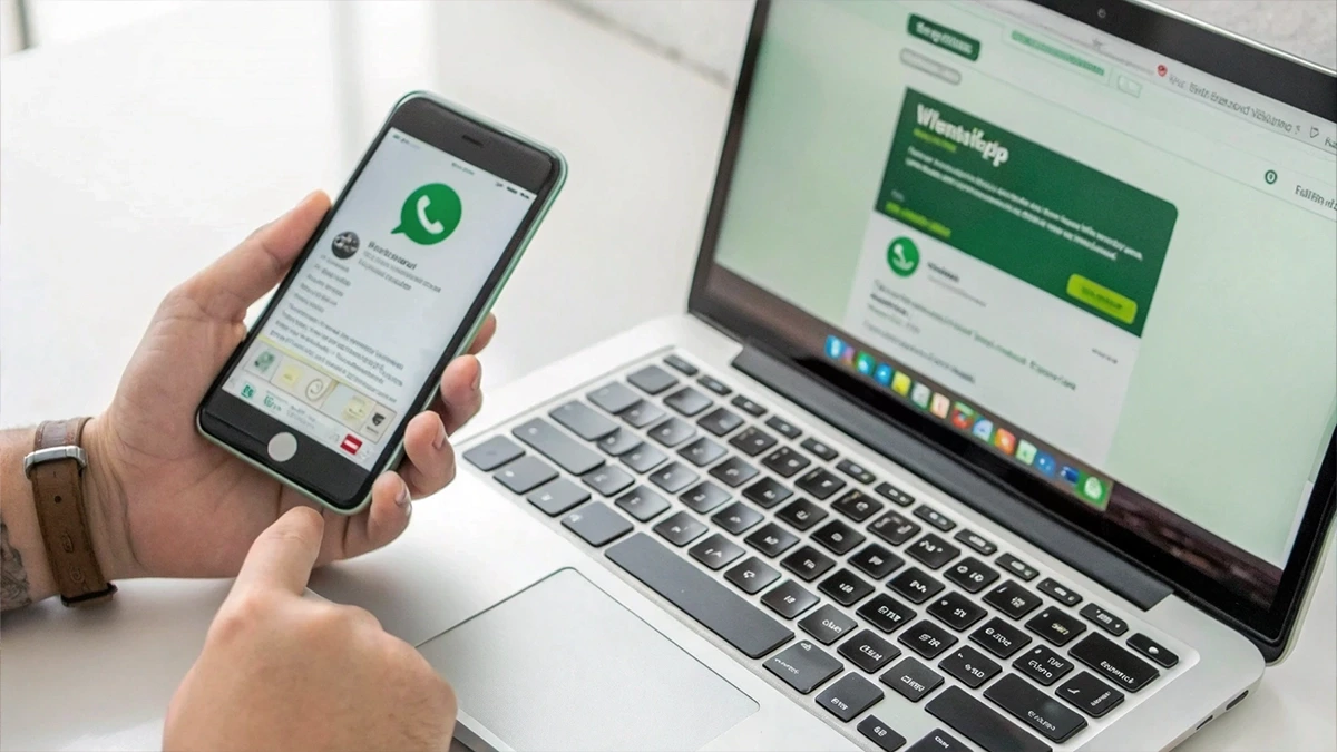 Person setting up a business messaging account on a phone alongside the desktop version on a laptop