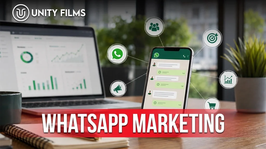 WhatsApp marketing shown as a business chat screen connected to audience, ads, sales and analytics icons
