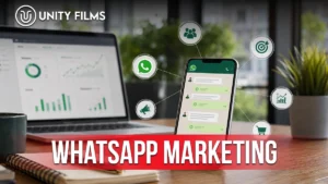 WhatsApp marketing shown as a business chat screen connected to audience, ads, sales and analytics icons