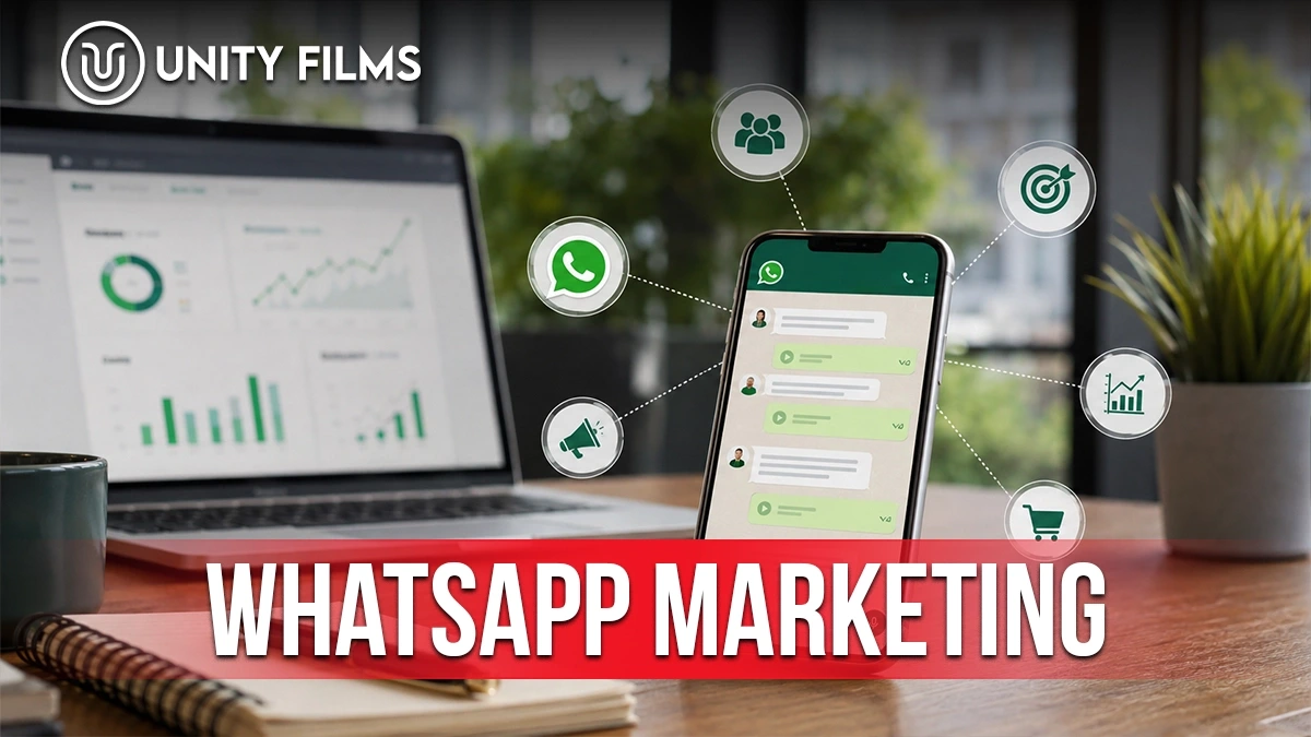 WhatsApp marketing shown as a business chat screen connected to audience, ads, sales and analytics icons