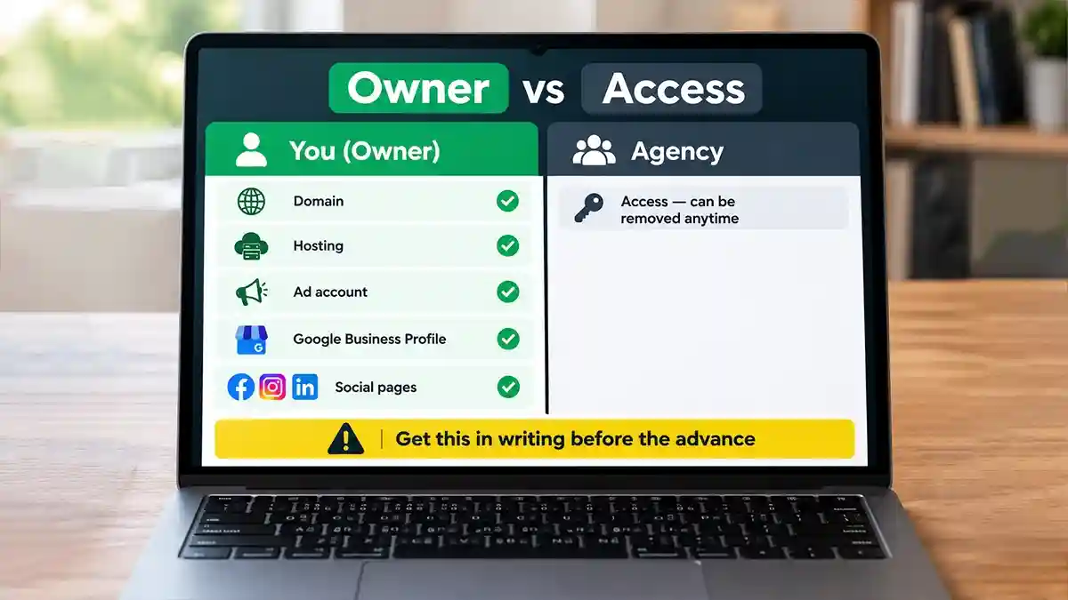 Comparison showing the client owning the domain, hosting, ad account and profiles while the agency holds removable access only