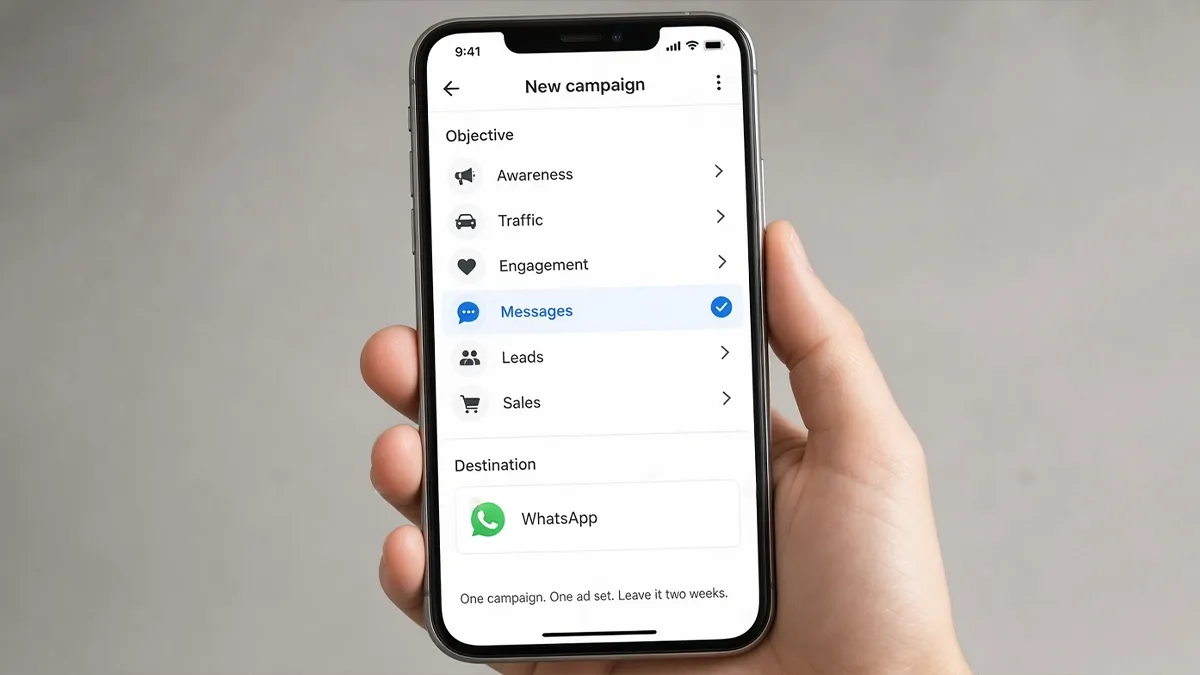 Ads Manager mobile app showing the campaign objective list with messages selected and WhatsApp set as the destination
