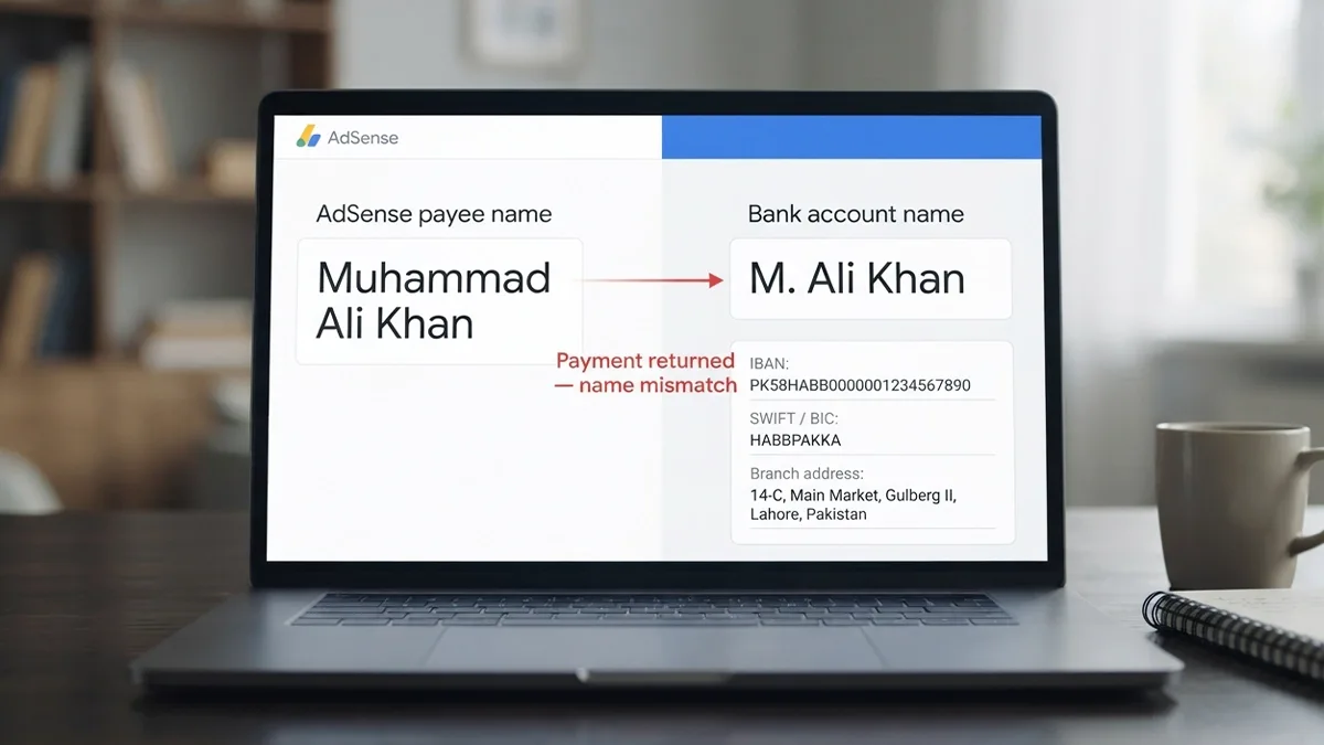 AdSense payee name shown beside a shortened bank account name with a payment returned warning and IBAN and SWIFT fields