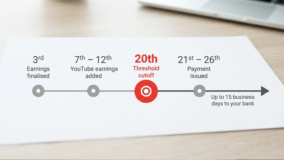 Timeline of the AdSense payment cycle marking earnings finalised, YouTube earnings added, the threshold cutoff and payment issue window