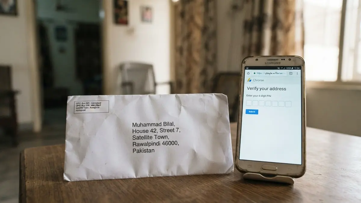 Plain unbranded envelope addressed to a Rawalpindi house beside a phone showing the six-digit PIN entry screen