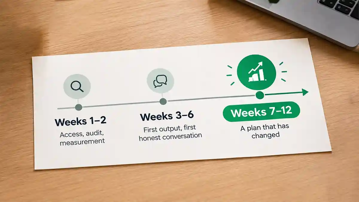 Timeline of an agency engagement moving from audit and measurement, to first output, to a plan that has changed with the data