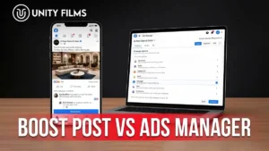 Boost post vs Ads Manager shown as the one-tap boost button on a phone beside the full campaign objective list with messages selected