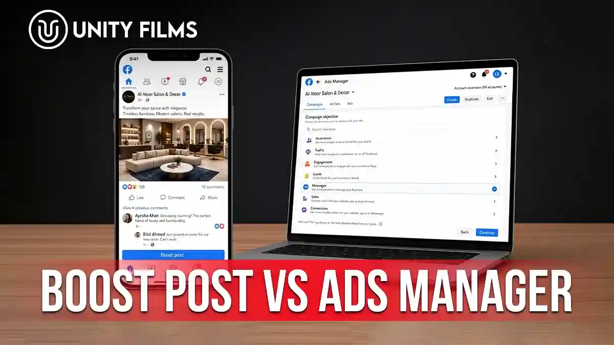 Boost post vs Ads Manager shown as the one-tap boost button on a phone beside the full campaign objective list with messages selected