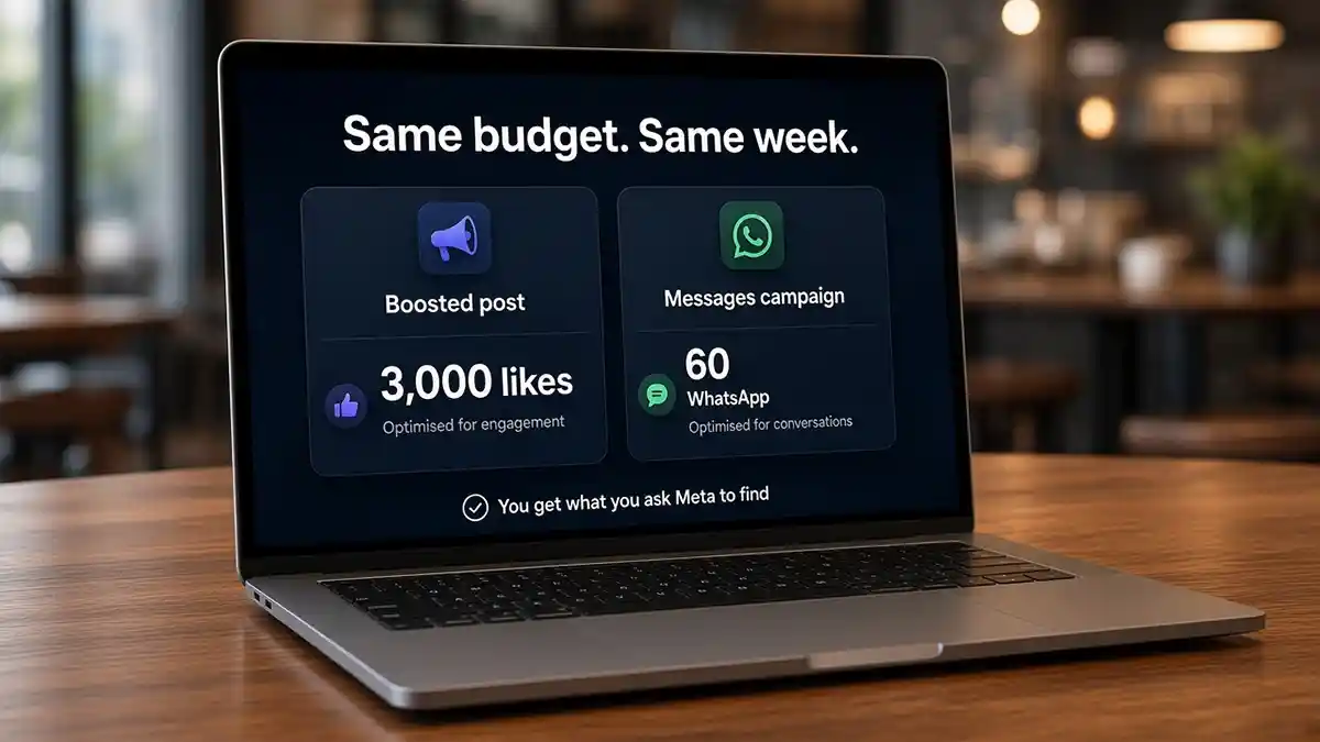 Comparison of a boosted post producing likes against a messages campaign producing WhatsApp conversations on the same budget