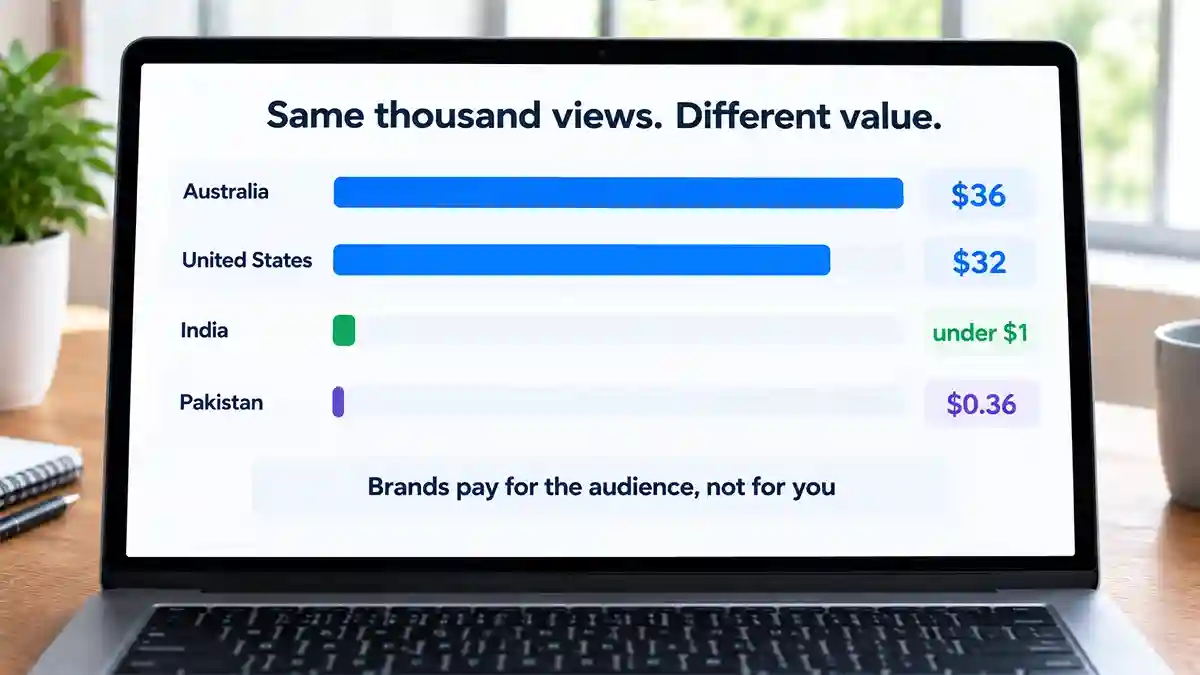 Bar comparison showing how much a thousand views is worth by audience country, with Australia and the US far above Pakistan