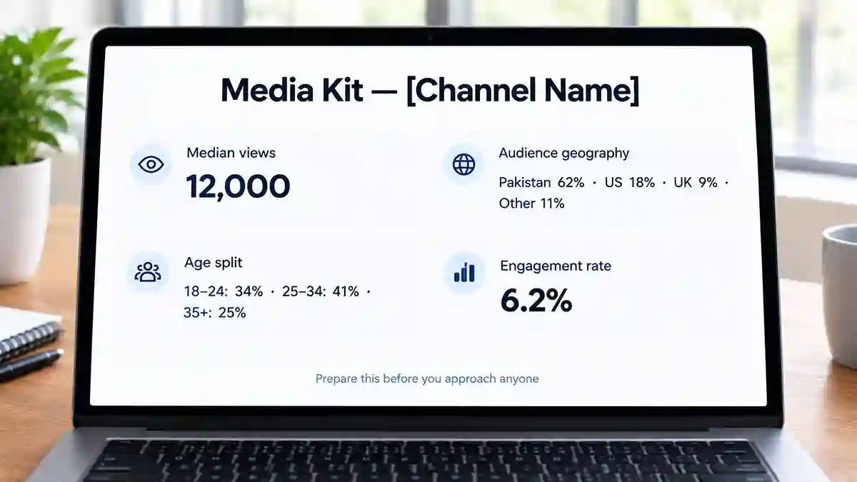 One-page creator media kit showing median views, audience geography, age split and engagement rate