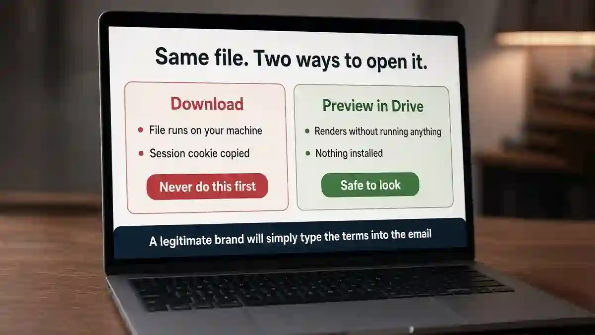 The same attachment compared two ways, downloaded and running on the machine against previewed in Drive with nothing installed