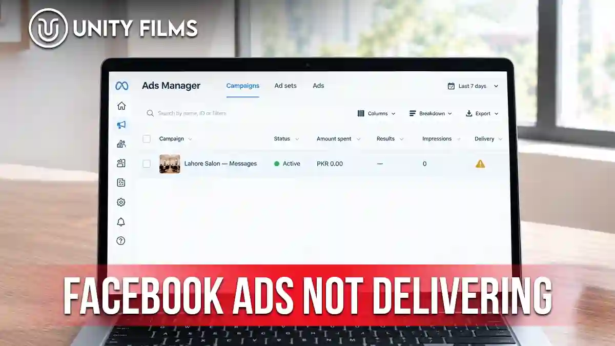 Facebook ads not delivering shown as an active campaign in Ads Manager with zero spend, no results and no impressions