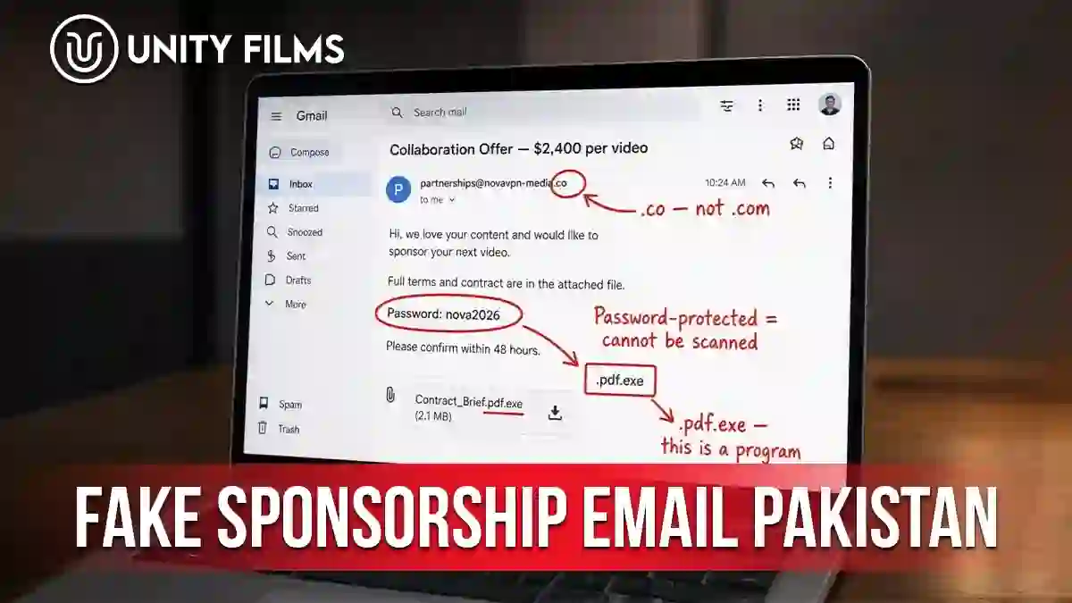 Fake sponsorship email Pakistan creators receive, annotated to show the wrong sender domain, the archive password and the executable attachment
