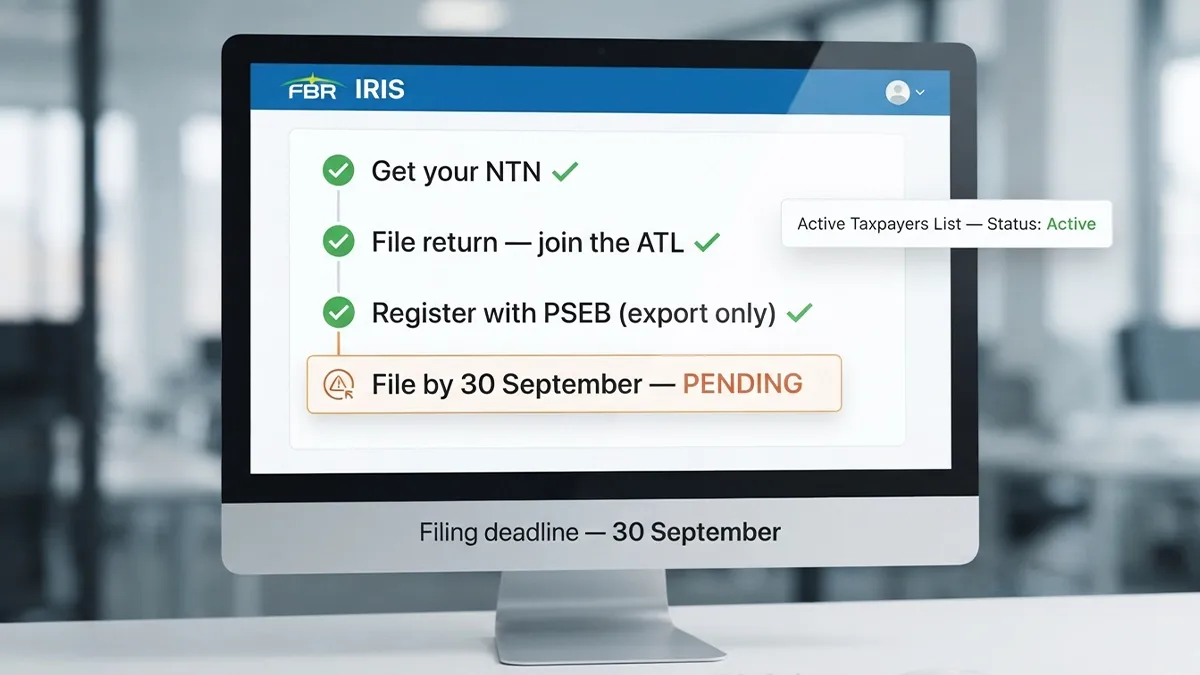 FBR IRIS portal checklist showing NTN registration, ATL filing and PSEB registration complete with the September filing deadline still pending