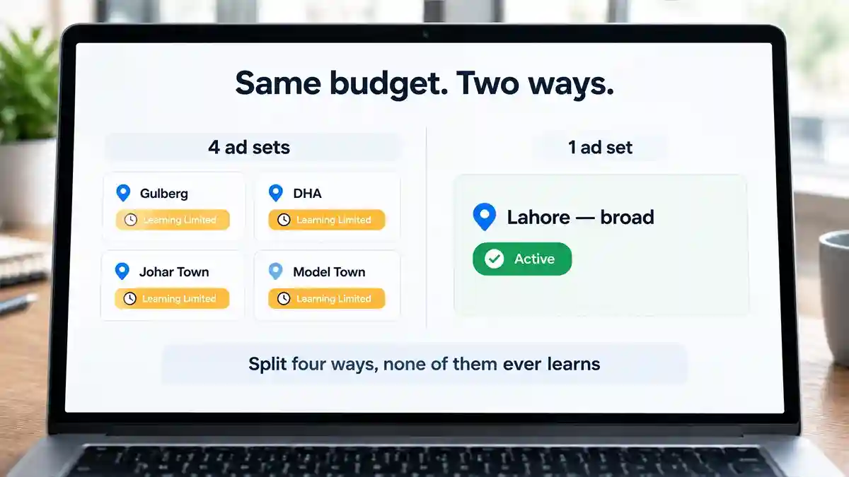 Four narrow ad sets stuck in learning limited compared with a single broader ad set running normally on the same budget