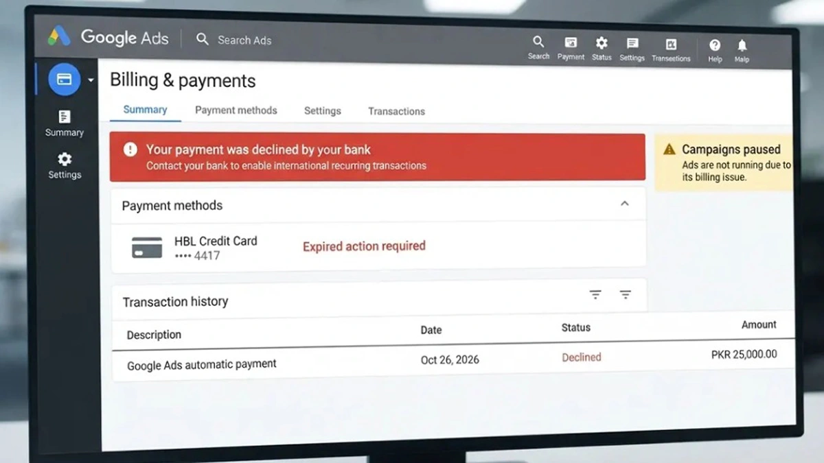 Google Ads billing screen showing a declined recurring payment in rupees and campaigns paused due to a billing issue