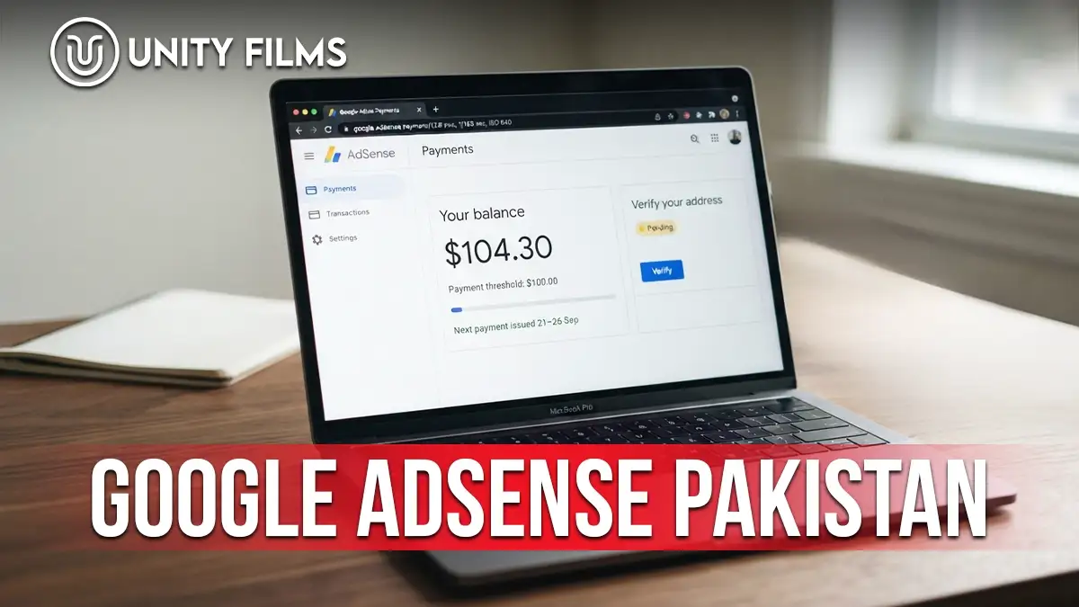 Google AdSense Pakistan payments page showing a balance above the hundred dollar threshold with address verification still pending